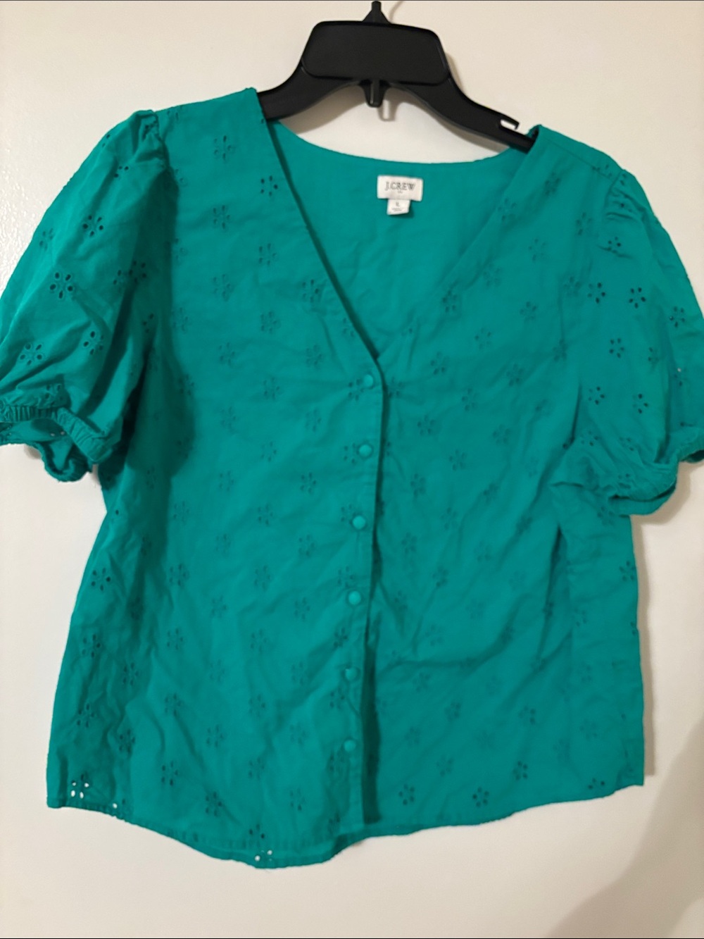 J. Crew Teal Eyelet Button-Front Puff Sleeve Blouse